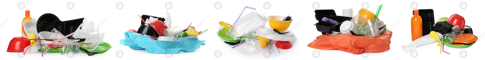 Set with different plastic items on white background. Banner design Image of Set with different plastic items on white background. Banner design