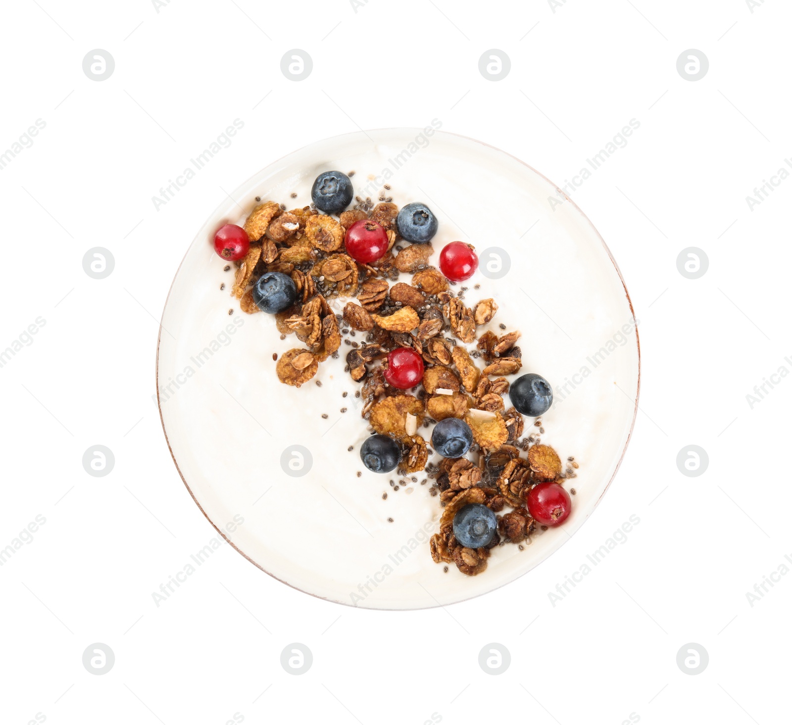 Delicious yogurt with granola and berries in bowl isolated on white, top view Photo of Delicious yogurt with granola and berries in bowl isolated on white, top view