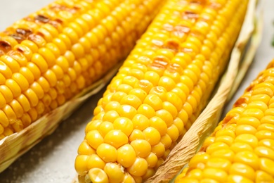 Delicious grilled corn cobs on light table, closeup Photo of Delicious grilled corn cobs on light table, closeup