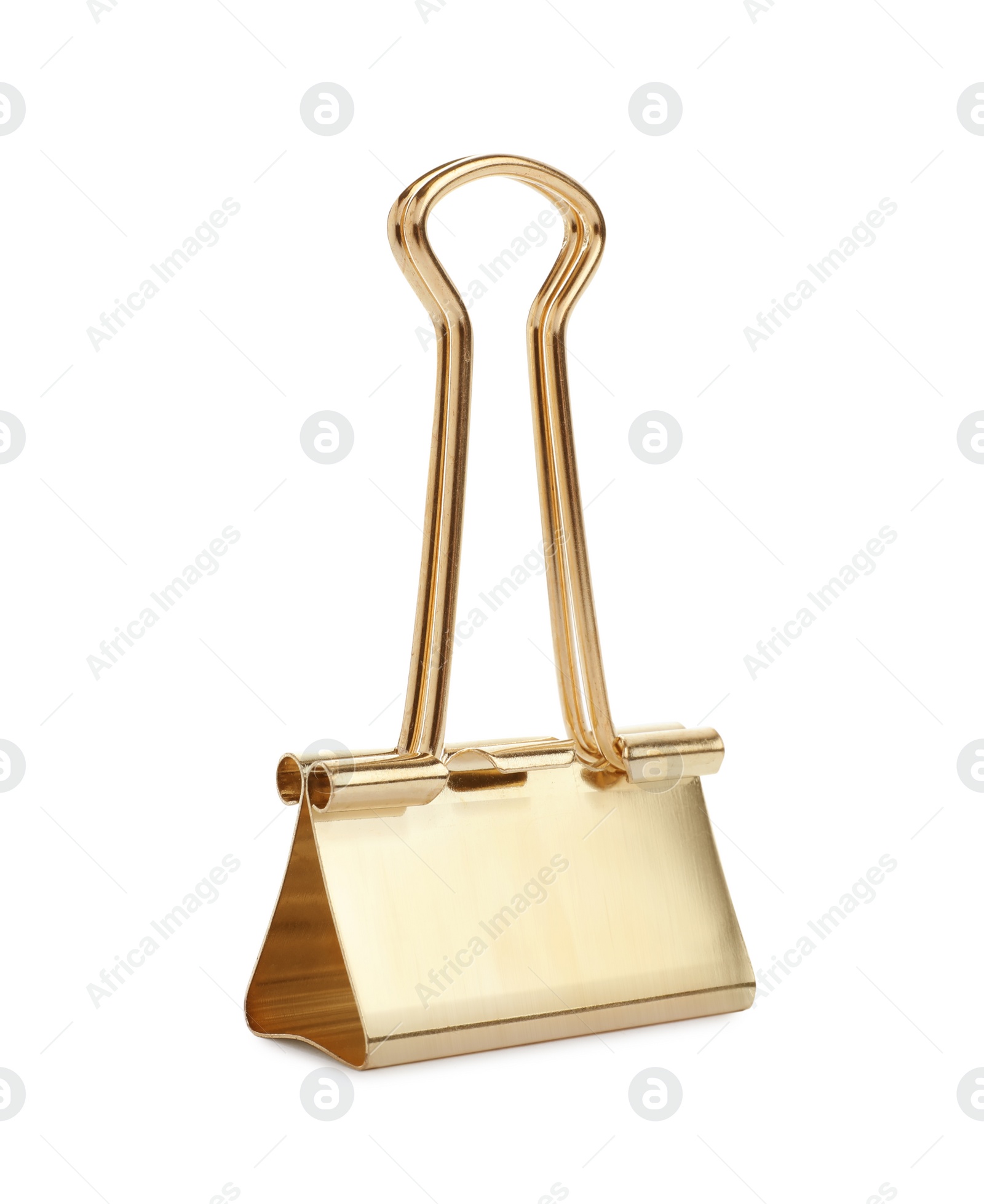 Golden binder clip isolated on white. Stationery item Photo of Golden binder clip isolated on white. Stationery item