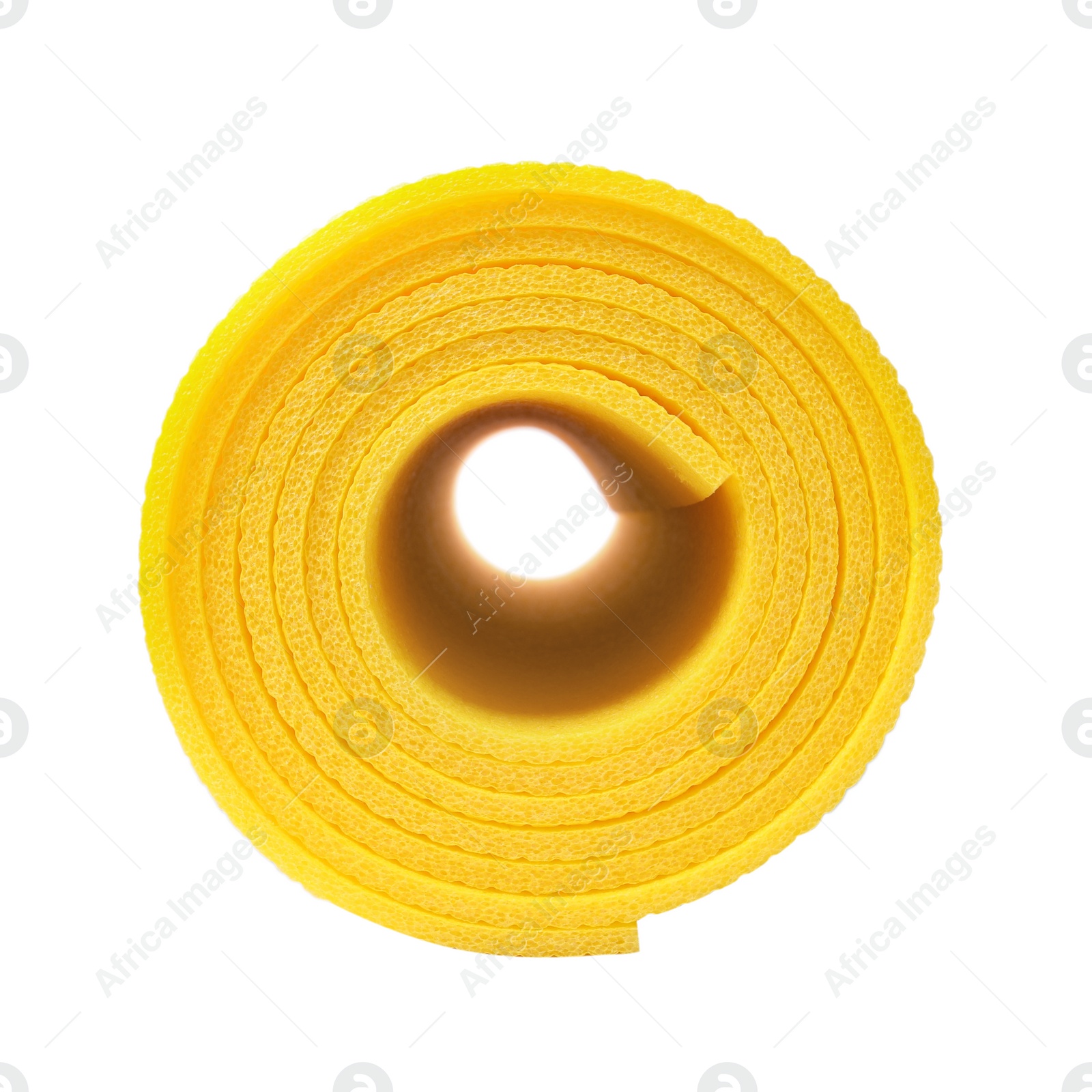 Rolled yellow camping mat isolated on white Photo of Rolled yellow camping mat isolated on white