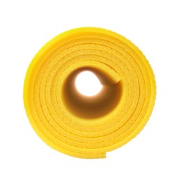 Rolled yellow camping mat isolated on white Photo of Rolled yellow camping mat isolated on white