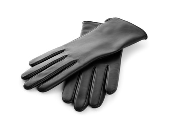 Photo of Stylish black leather gloves on white background