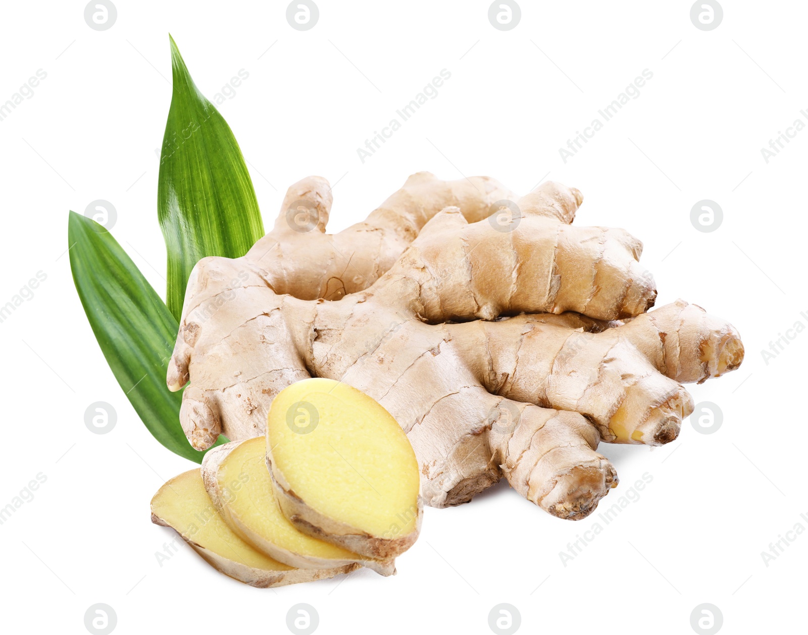 Aromatic fresh ginger with green leaves on white background Image of Aromatic fresh ginger with green leaves on white background