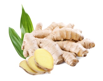 Aromatic fresh ginger with green leaves on white background Image of Aromatic fresh ginger with green leaves on white background