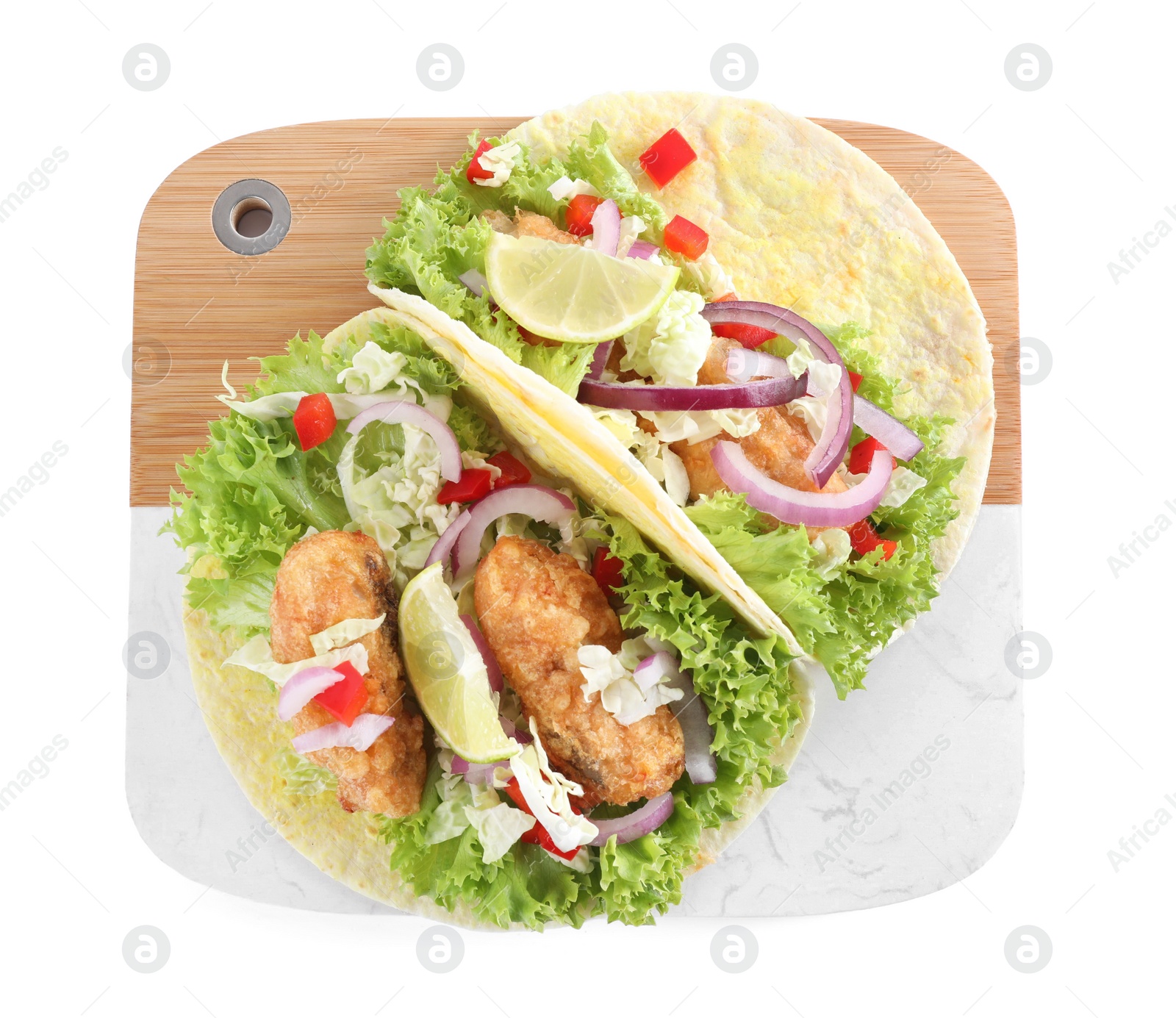 Delicious fish tacos isolated on white, top view Photo of Delicious fish tacos isolated on white, top view