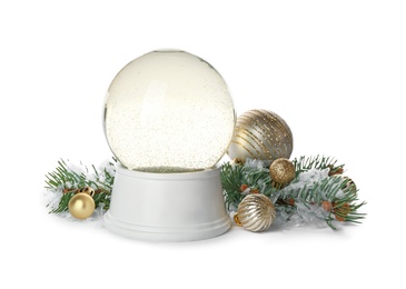 Beautiful empty snow globe, Christmas balls and fir branches on white background Photo of Beautiful empty snow globe, Christmas balls and fir branches on white background