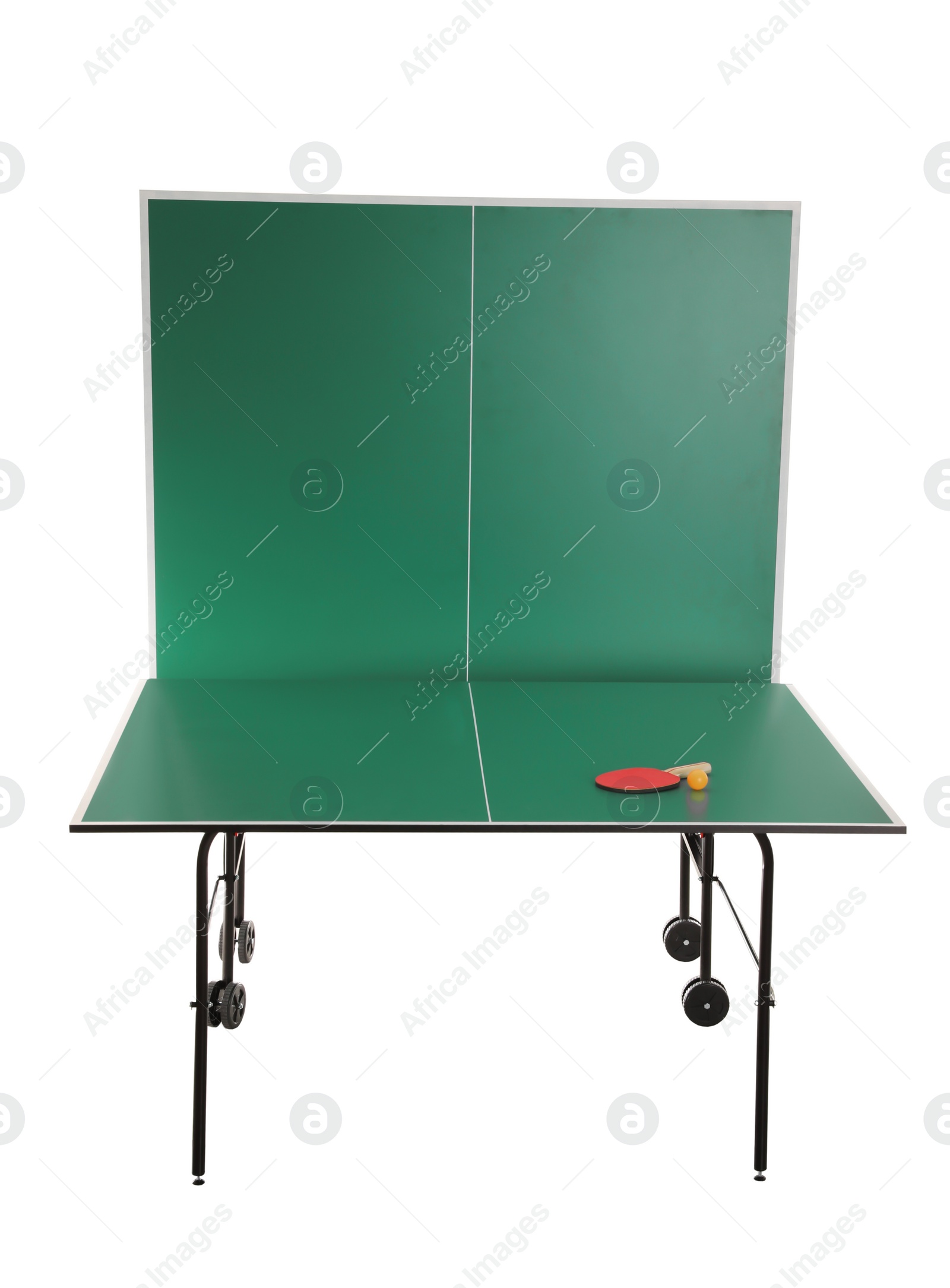 Green ping pong table with racket and ball isolated on white Image of Green ping pong table with racket and ball isolated on white