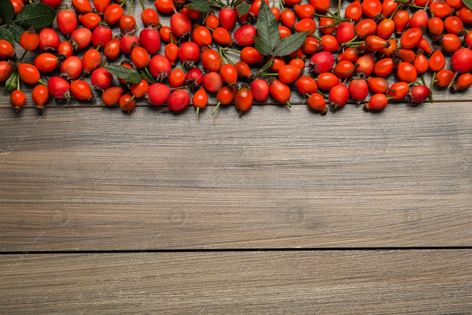 Photo of Ripe rose hip berries with green leaves on wooden table, flat lay. Space for text