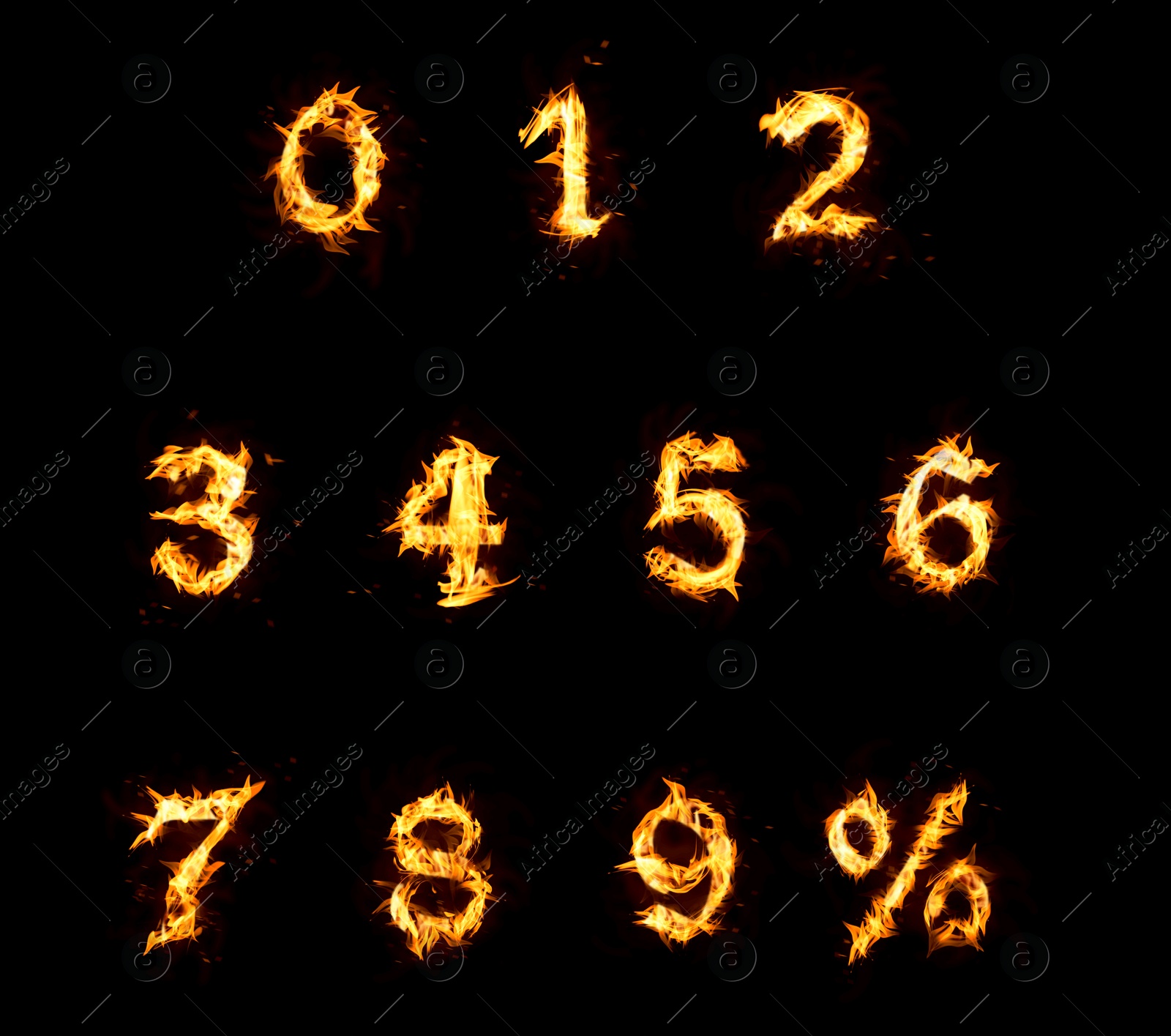 Set of flaming numbers and percent symbol on black background Image of Set of flaming numbers and percent symbol on black background