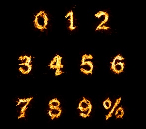 Set of flaming numbers and percent symbol on black background Image of Set of flaming numbers and percent symbol on black background