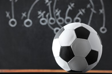 Football ball against blurred game scheme. Space for text Photo of Football ball against blurred game scheme. Space for text