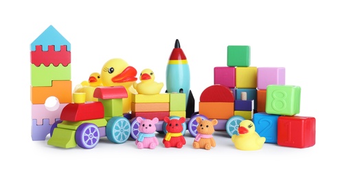 Set of different toys on white background Photo of Set of different toys on white background