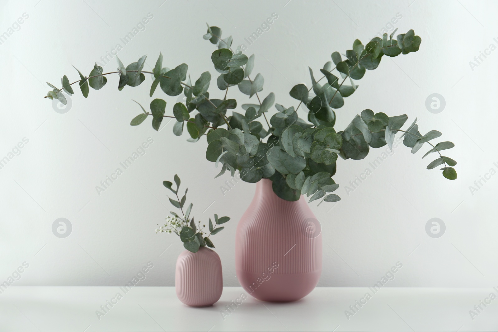 Beautiful eucalyptus branches and flowers on white table. Interior element Photo of Beautiful eucalyptus branches and flowers on white table. Interior element