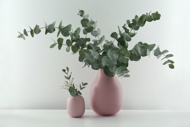 Beautiful eucalyptus branches and flowers on white table. Interior element Photo of Beautiful eucalyptus branches and flowers on white table. Interior element