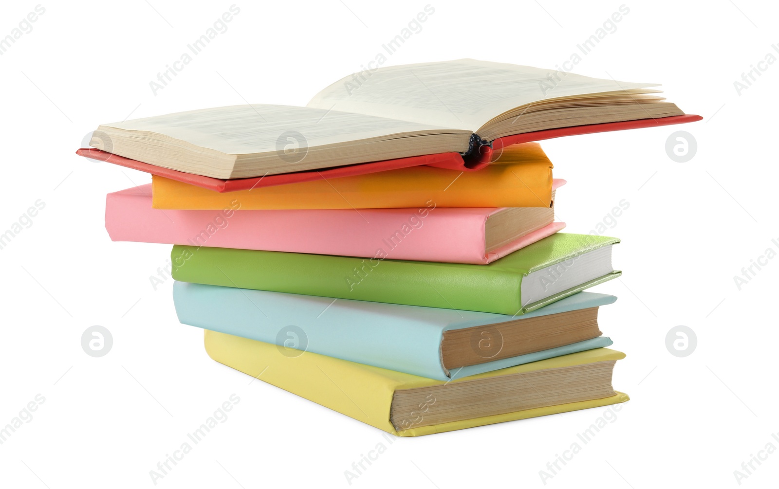 Photo of Many colorful hardcover books on white background