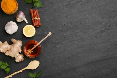 Flat lay composition with fresh products on black table, space for text. Natural antibiotics Photo of Flat lay composition with fresh products on black table, space for text. Natural antibiotics