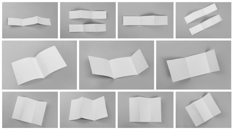 Open blank brochures on grey background, collage. Banner design Image of Open blank brochures on grey background, collage. Banner design