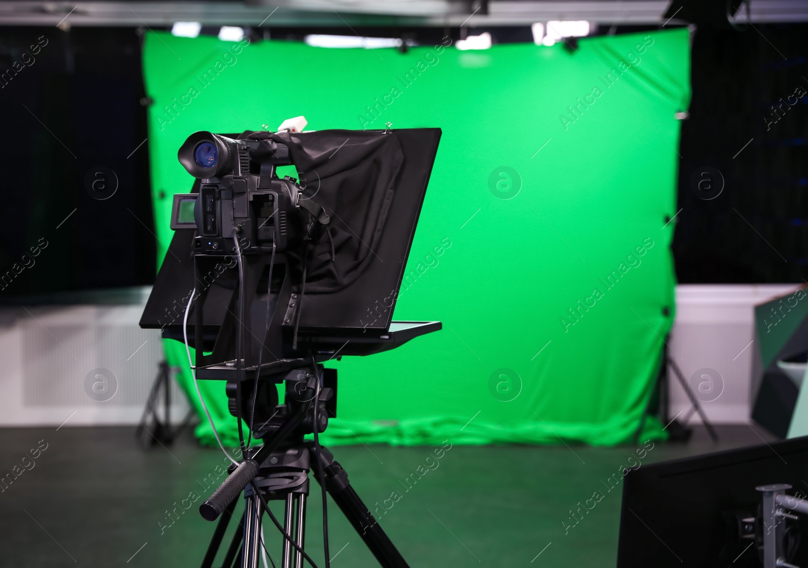 Modern video recording studio with professional equipment, focus on camera Photo of Modern video recording studio with professional equipment, focus on camera