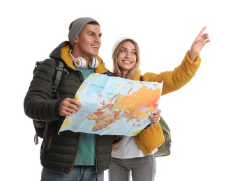 Couple with map on white background. Winter travel Photo of Couple with map on white background. Winter travel