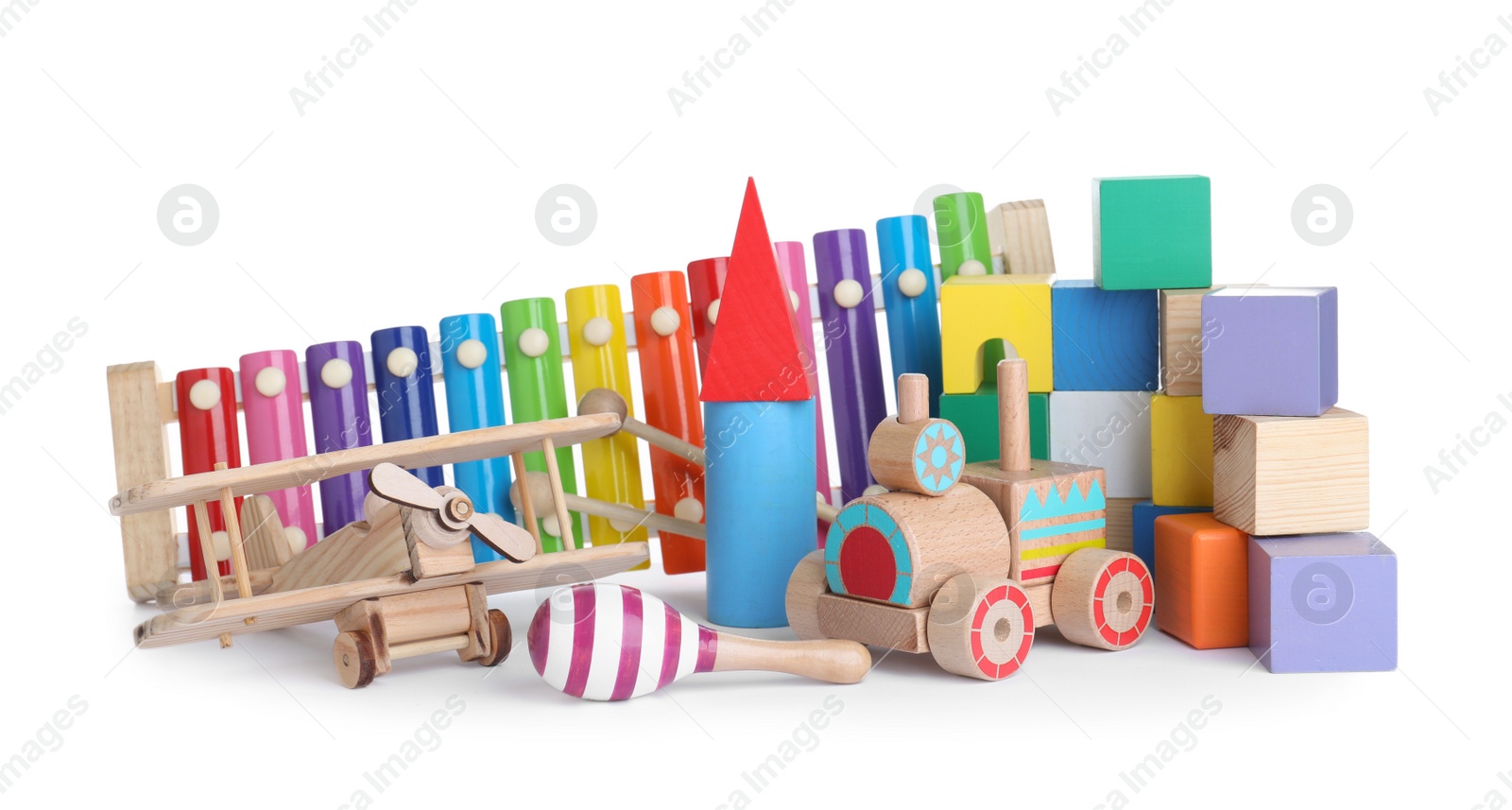 Set of different toys on white background Photo of Set of different toys on white background