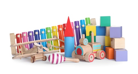 Set of different toys on white background Photo of Set of different toys on white background