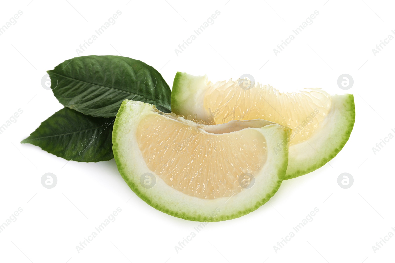 Photo of Slices of fresh ripe sweetie fruit and green leaves on white background