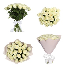 Set of beautiful rose bouquets on white background Image of Set of beautiful rose bouquets on white background