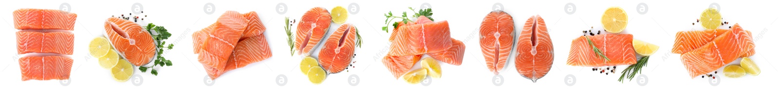 Set of fresh raw salmon on white background, top view. Fish delicacy Image of Set of fresh raw salmon on white background, top view. Fish delicacy