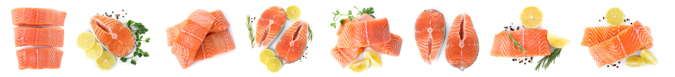 Set of fresh raw salmon on white background, top view. Fish delicacy Image of Set of fresh raw salmon on white background, top view. Fish delicacy