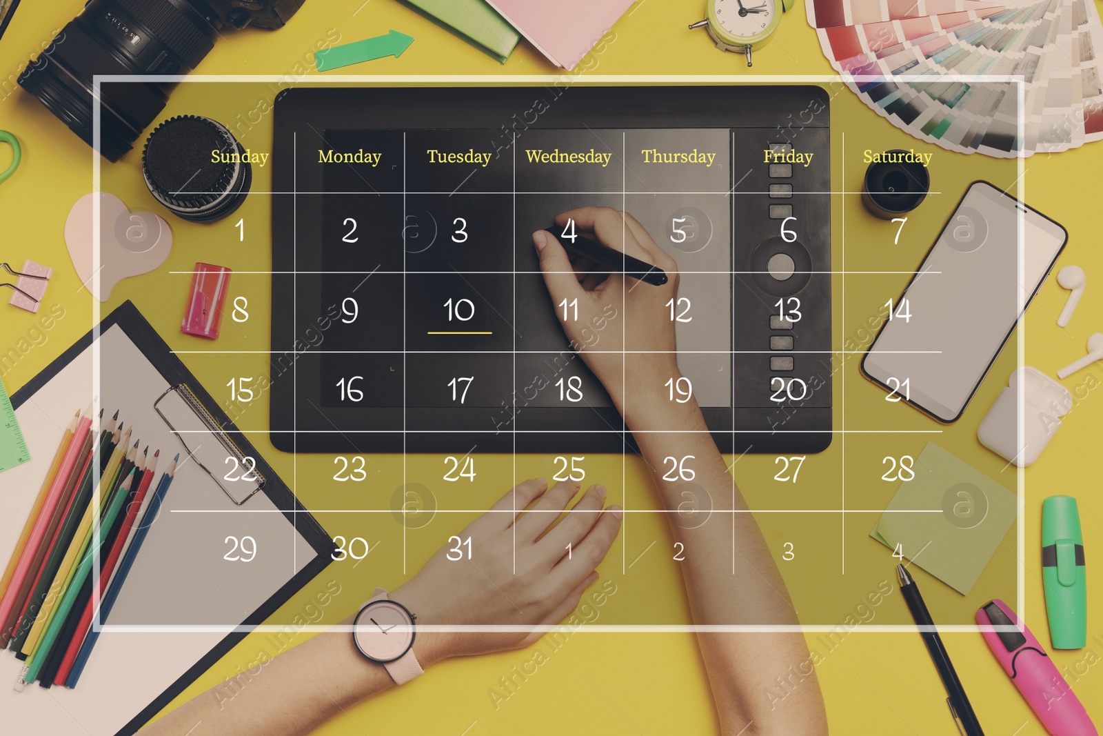 Double exposure of calendar and professional designer working at yellow table. Personal schedule Image of Double exposure of calendar and professional designer working at yellow table. Personal schedule