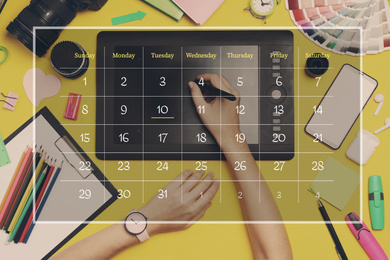 Double exposure of calendar and professional designer working at yellow table. Personal schedule Image of Double exposure of calendar and professional designer working at yellow table. Personal schedule