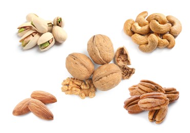 Image of Set with different tasty nuts on white background