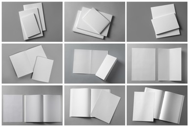 Open blank brochures on grey background, top view. Collage Image of Open blank brochures on grey background, top view. Collage